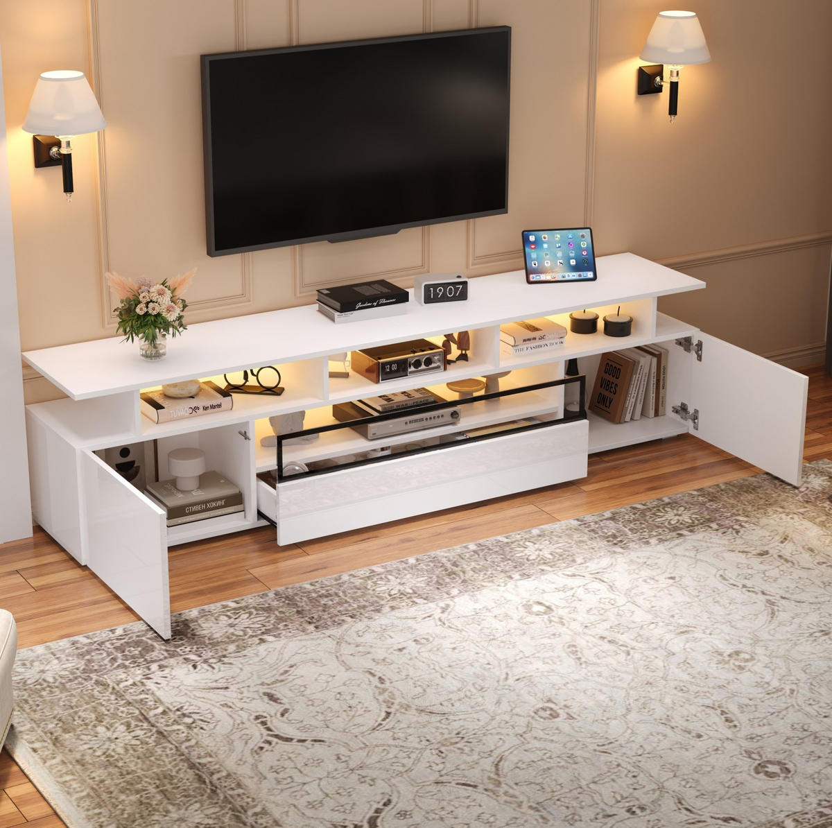TV-ELEMENT mit LED 180 x 38 x 45 cm Hochglanz Weiß - Weiß, Holzwerkstoff (38/45/180cm) - Beauniv
