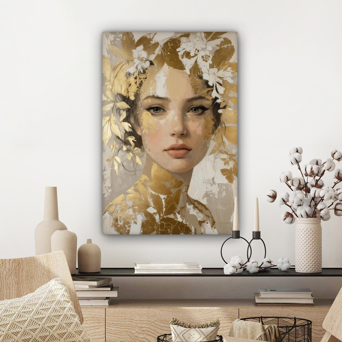 LEINWANDBILD Gesicht - Frau - Blätter - Gold Wanddeko Schlafzimmer 60x90 cm - Beige, Textil (60/90cm) - MuchoWow
