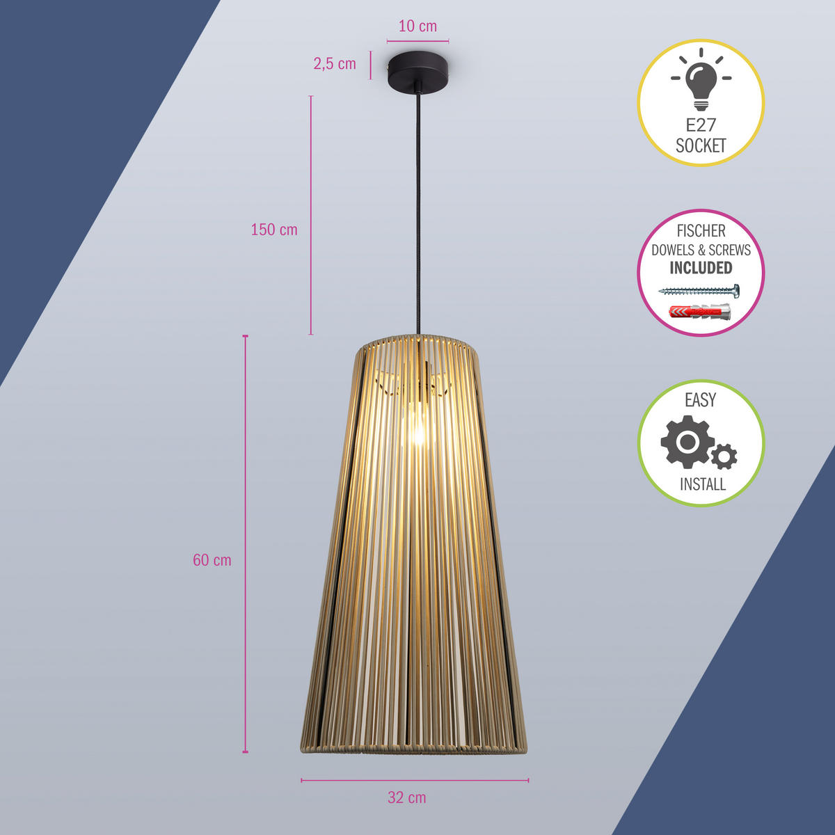 PENDELLEUCHTE Hugo Pd1 Mayve - Schwarz, Metall (32/32/60cm) - Paco Home