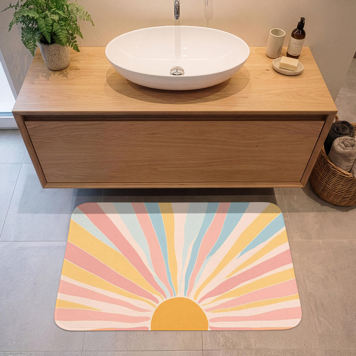 BADEMATTE Illustration - Sonne - Pastellfarben 90x60 cm - Pastellblau, Kunststoff/Textil (90/60cm)