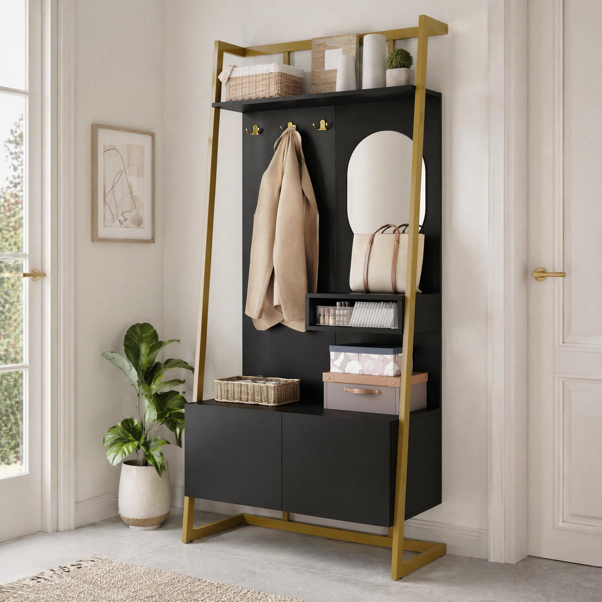 GARDEROBE-SET in Schwarz und Gold Flurgarderobe mit Spiegel und Schuhbank für Flur, B78/T38.5/H180.5 cm - Goldfarben/Schwarz, Glas/Holzwerkstoff (78/180.5/38.5cm) - STILVORA