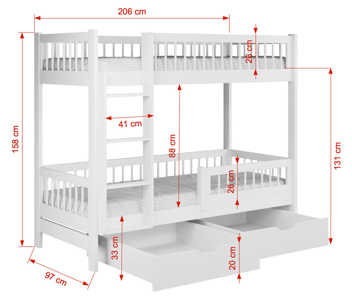ETAGENBETT COEN 90x200 cm Farbe Kiefer – Kinderbett aus Holz für 2 Personen mit 2 Schubladen, Rausfallschutz und Leiter – Stockbett Jugendbett - Braun, Holz (90/200cm)