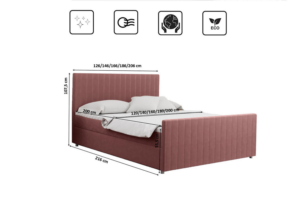 BOXBETT mit Bettkasten Matratze Topper LATINO stoff Velvet 200x200 cm Rosa H3-Bonell - Rosa, Holz/Holzwerkstoff (200/200cm) - Kaiser Möbel