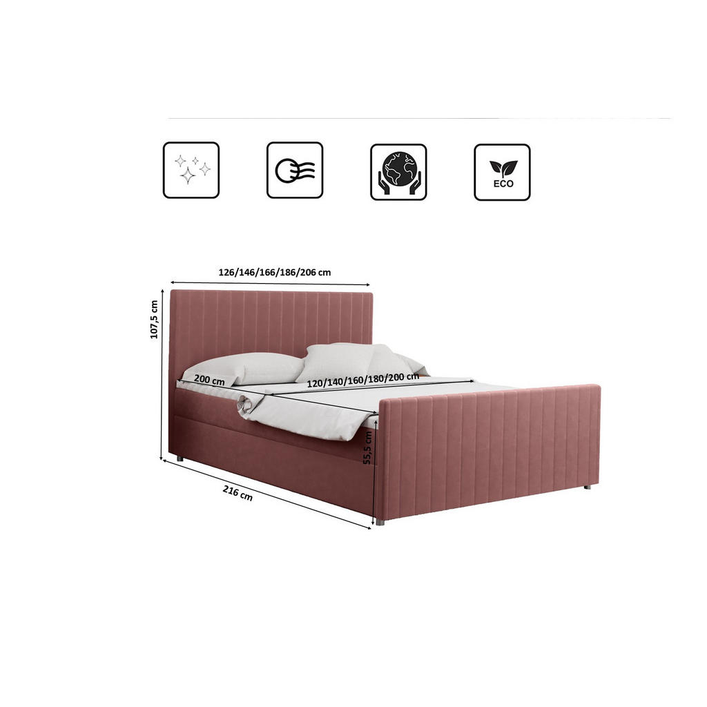 Thumbnail - Kaiser Möbel Boxbett, Rosa, Textil, 2 Schubladen, H3, Höhe ca. 20 cm, einzeln stellbar,Rechteckig, 140x200 cm, Schlafzim...