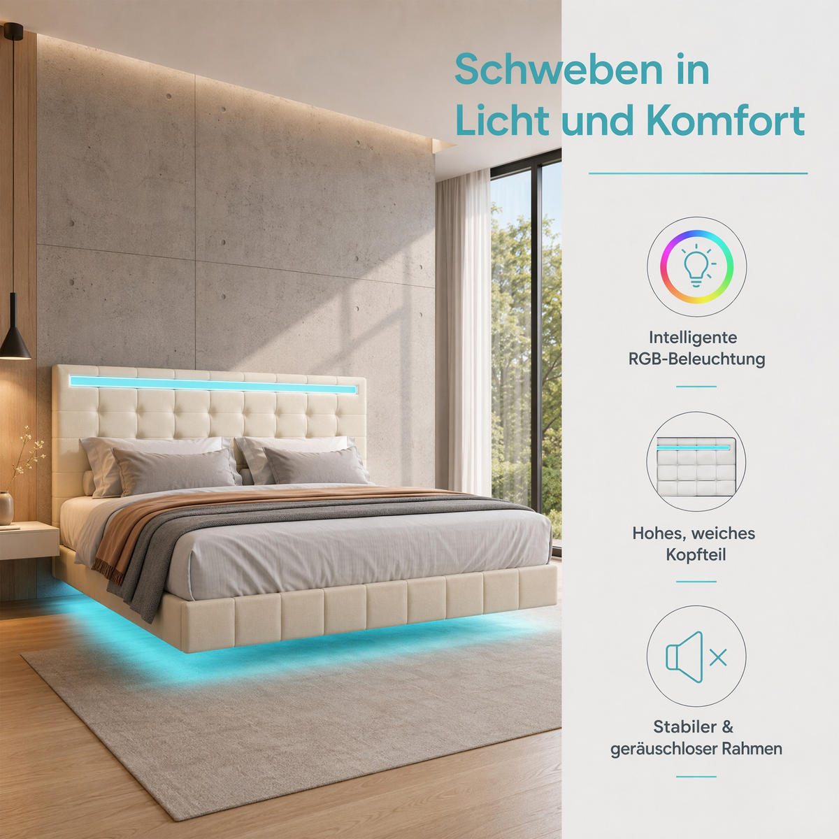 BETT 160x200 cm mit LED und USB, Doppelbett 160x200 cm mit Lattenrost, schwebendes Design, Leinenbezug Beige - Beige, Holz/Textil (160/200cm) - GENKI LIVING