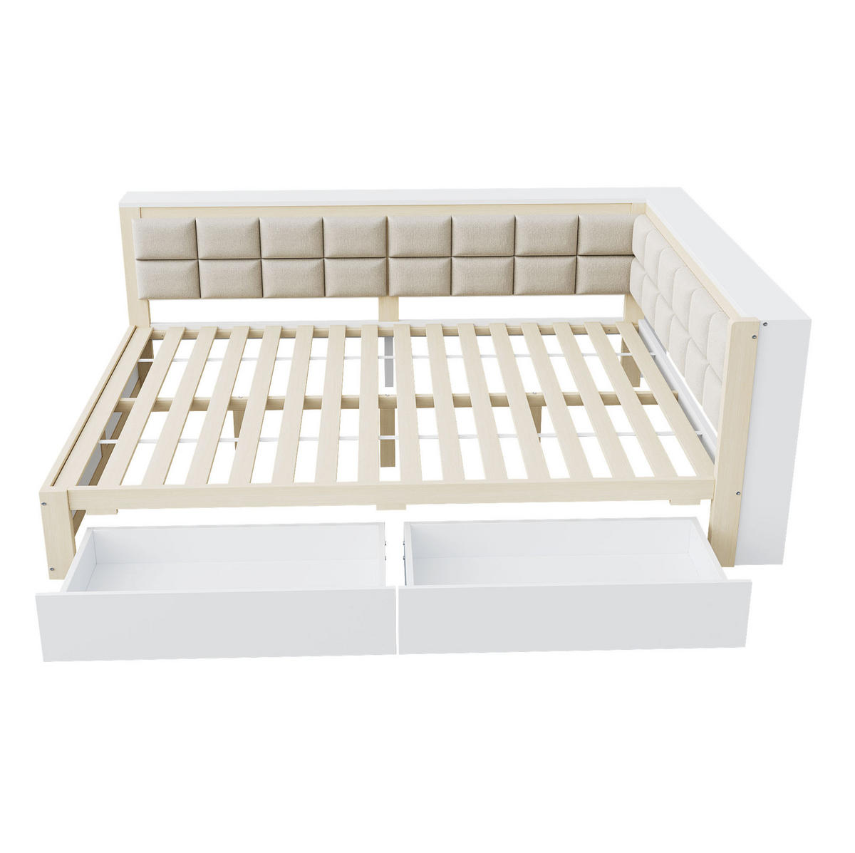 KREVET 140/200 cm s mekim naslonom i 2 ladice, borovo drvo, Prirodna boja drveta - bijela, drvni materijal (140/200cm) - Redom