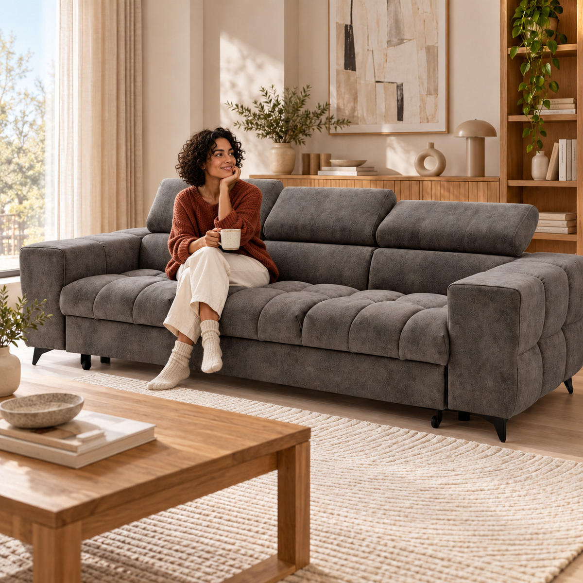 3-SITZER Sofa PUDDING mit Schlaffunktion 127x190 Velours Braun - Schwarz/Braun, Holz/Textil (260/90/100cm) - Muffo