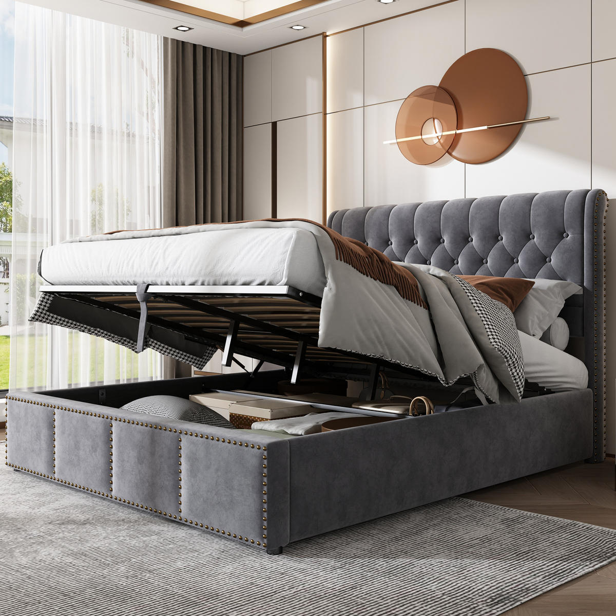 SAMT-POLSTERBETT 140/200 cm mit Bettkasten und gepolstertem Kopfteil, Grau - Grau, Textil (140/200cm) - BEAOK