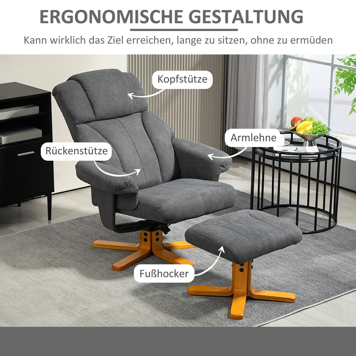 RELAXSESSEL mit Liegefunktion, Liegesessel mit Hocker, Fernsehsessel - Dunkelgrau, Textil (80/104/79cm) - HOMCOM