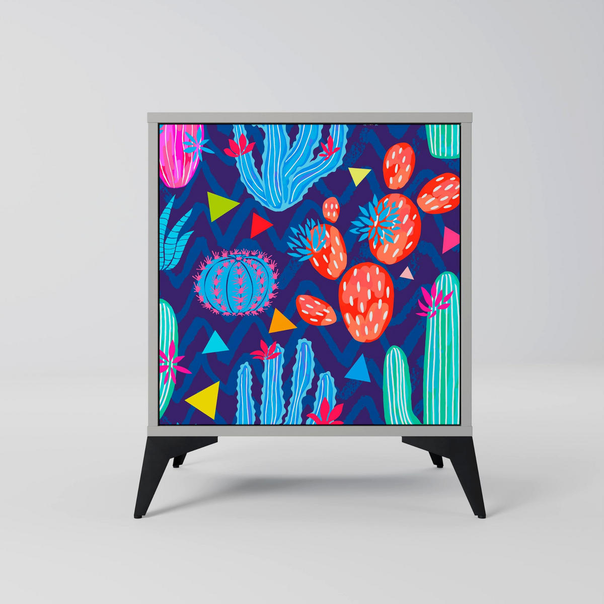 SIDEBOARD CACTUS VIBES, Grau, 57,5x42x77,5 cm, Schräge Buchenholzfüße - Buchefarben/Multicolor, Holzwerkstoff/Buchenholz (57.5/77.5/42cm) - SpaceRebels