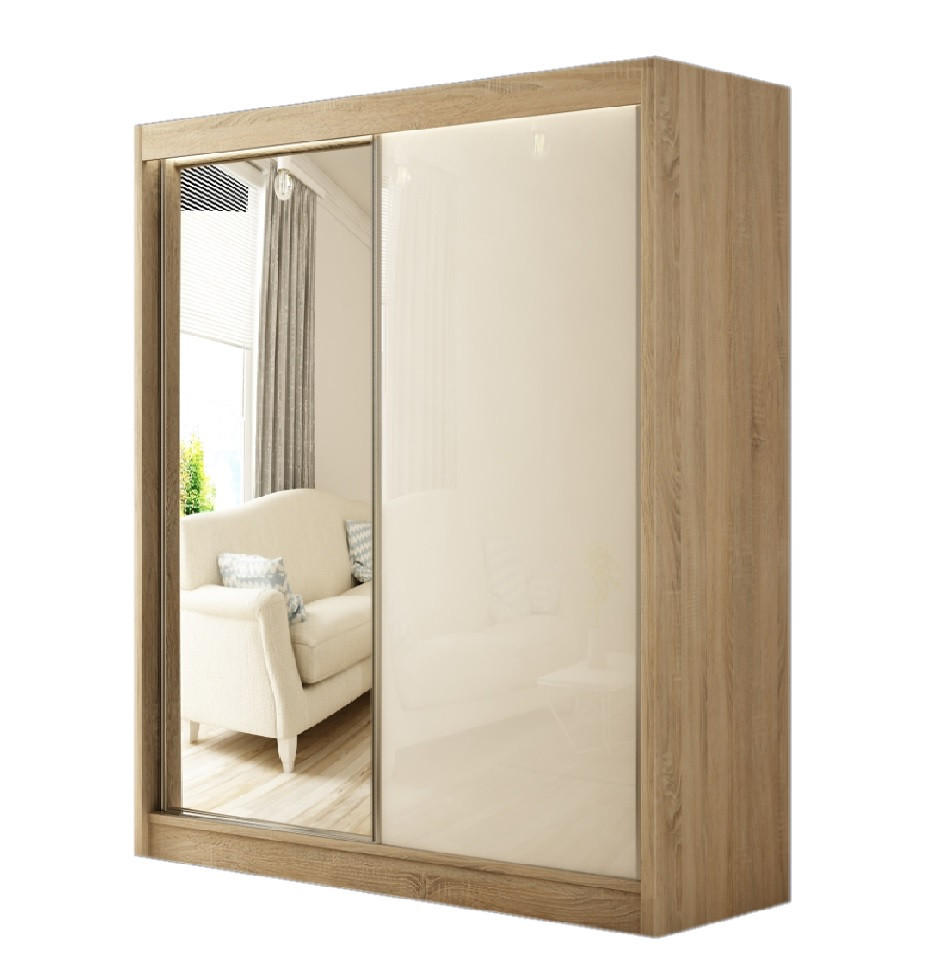 SCHWEBETÜRENSCHRANK Venus 120 cm mit Spiegel 2-türig, Eiche sonoma, lacobel weiß - Weiß/Sonoma Eiche, Kunststoff (120/215/61cm) - Margaret Hadas24