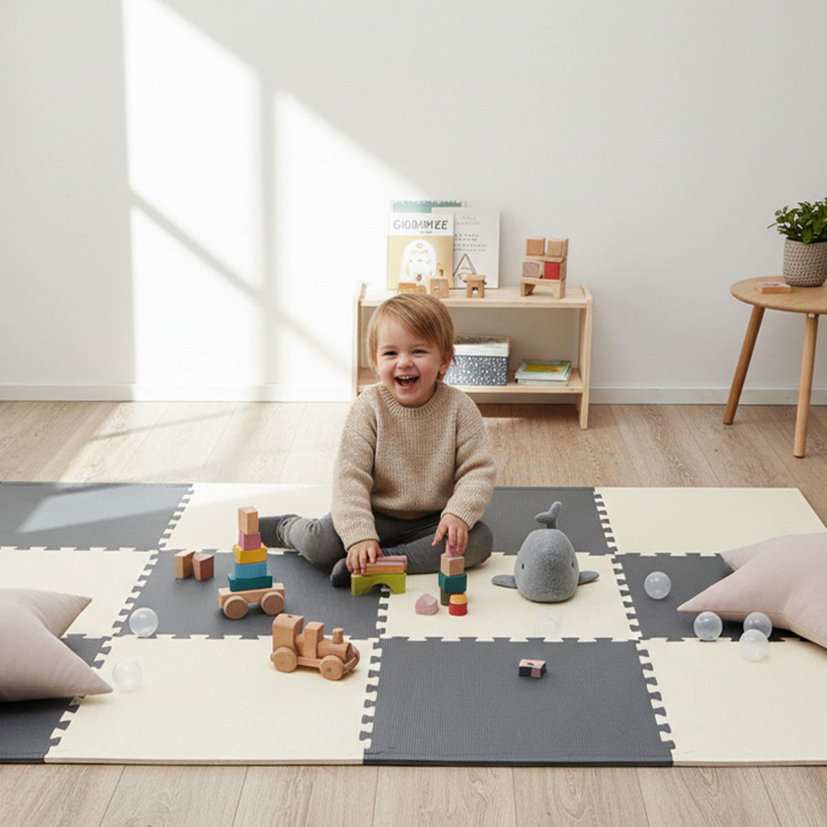 SPIELMATTE mit Rand - 8er Set - 50x50 cm - Beige und Grau - Grau, Kunststoff (50/50cm) - Littletom