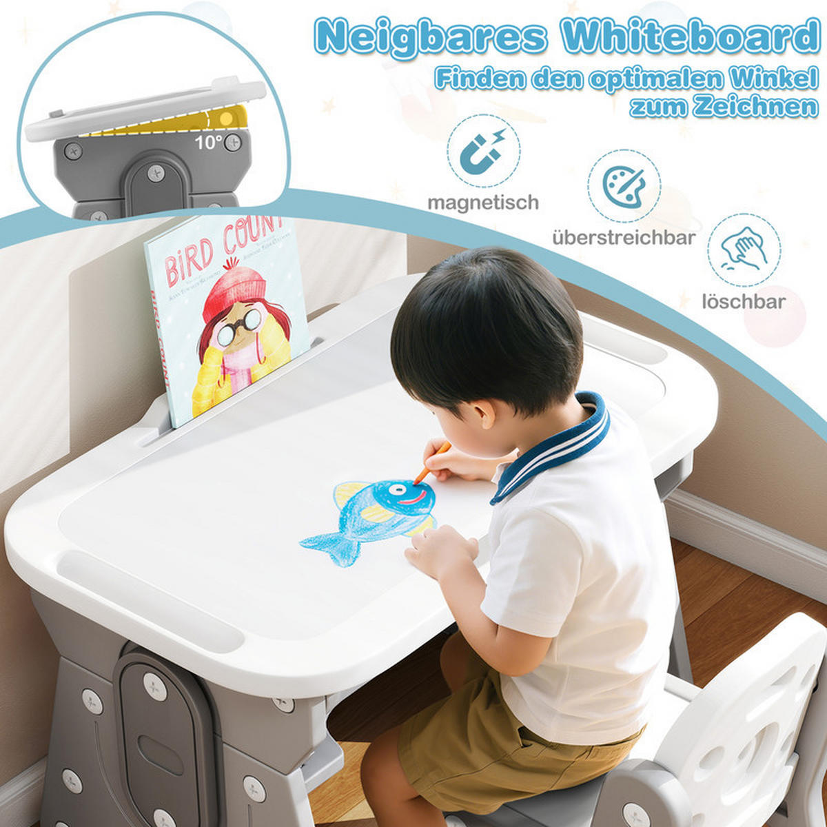 KINDERTISCH-STUHL-SET mit Höhenverstellung grau(2-tlg) - Grau, Kunststoff (80/49/50cm) - COSTWAY