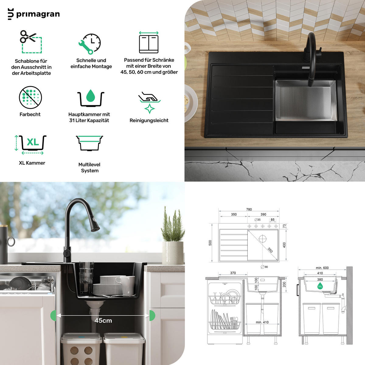 SPÜLBECKEN Sydney, 2-er set Weiß 78/50 cm 1 Becken + Ablauf-Set + Küchenzubehörset ab 45er Unterschrank - Chromfarben/Beige, Kunststoff (78/20/50cm) - Primagran