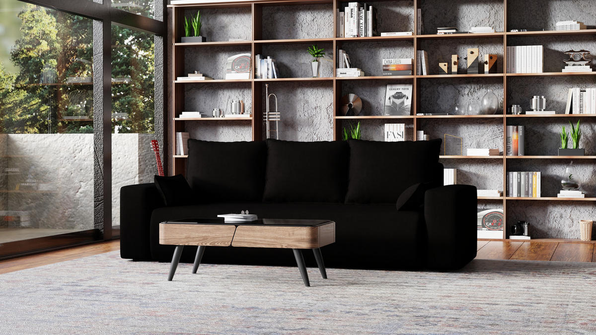 SOFA Bubi mit Bettkasten und Schlaffunktion, Velourstoff - Schwarz, Holzwerkstoff (242/85/95cm)