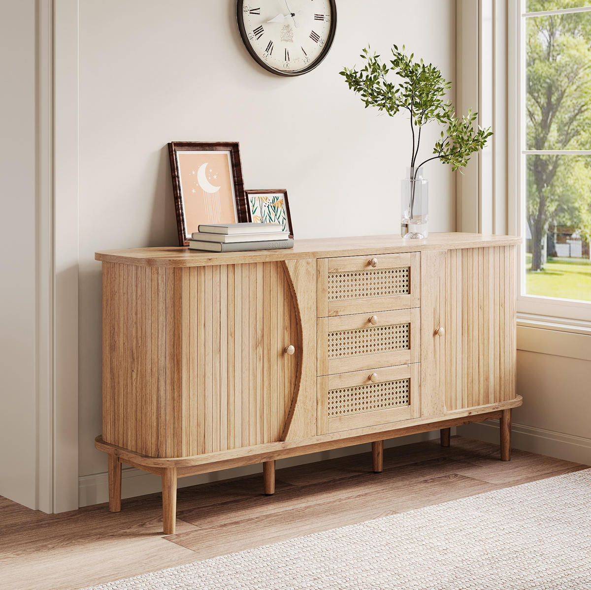 KOMMODE 140,5/40/76 cm mit 3 Schubladen und Rattanfronten - Naturfarben, Holzwerkstoff (140.5/40/76cm) - BEAOK