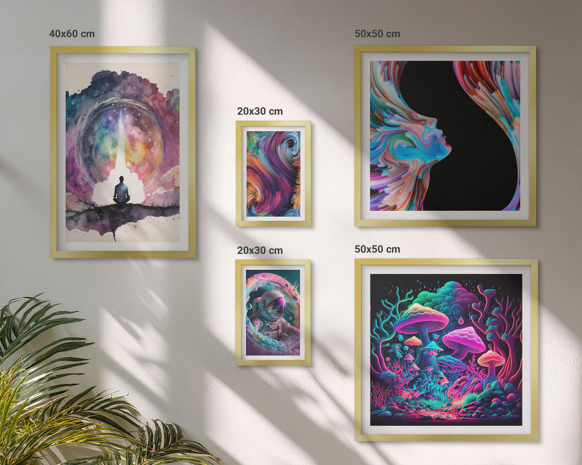 BILDER SET 5er Set - 50x50 cm & 20x30 cm & 40x60 cm Goldrahmen - Farbenfrohe Fantasy-Kunstillustrationen - Goldfarben, Kunststoff (40/60cm) - TULUP