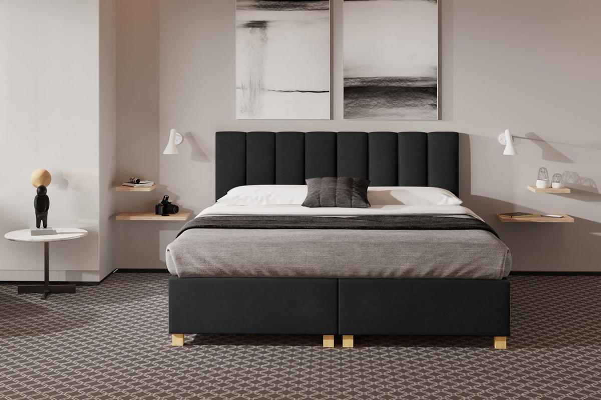 HOTELBETT EUROPA 90x200 cm, Mobil Bett auf Rollen & Koppelbar mit Bonell Matratze, 1 Stück, Schwarz - Schwarz, Holz/Buchenholz (90/200cm) - Trada