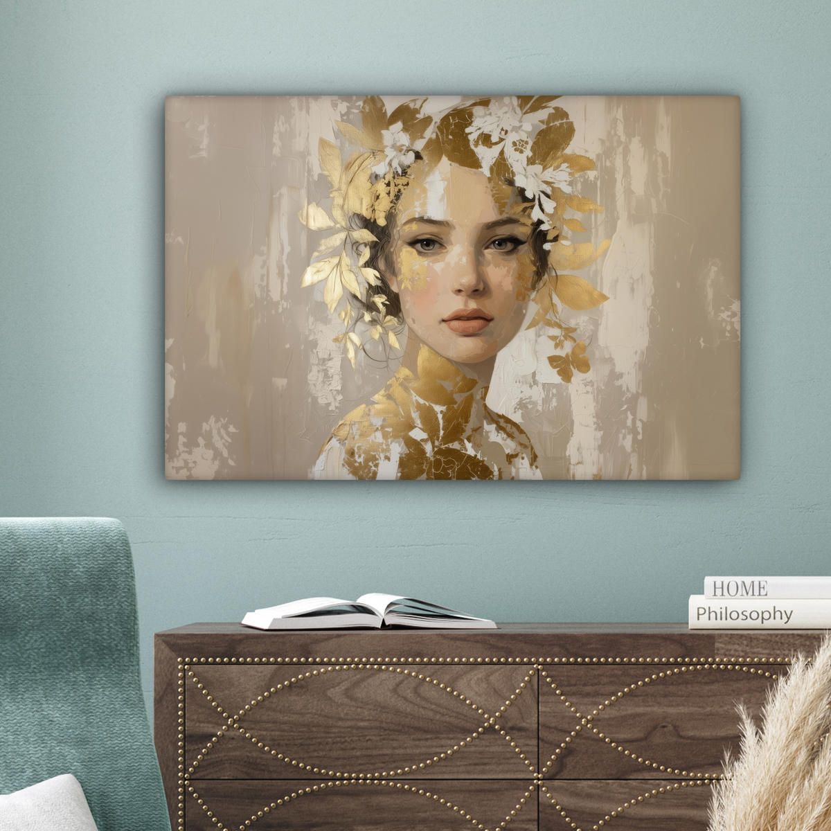 LEINWANDBILD Gesicht - Frau - Blätter - Gold Wanddeko 90x60 cm - Beige, Textil (90/60cm) - MuchoWow