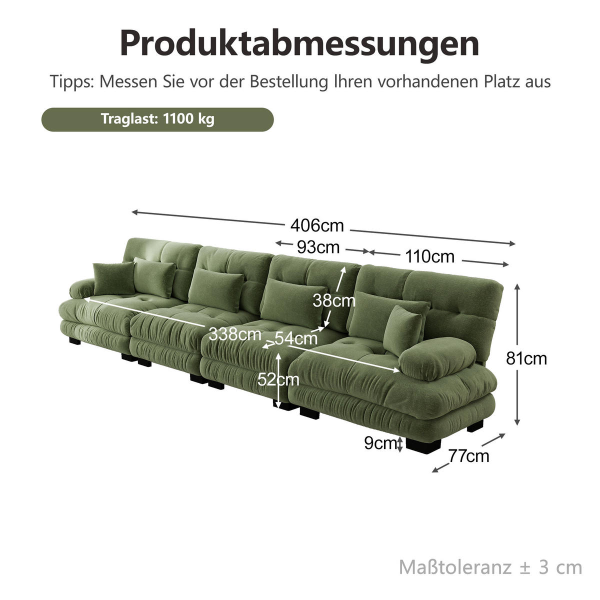 4-SITZER-SOFA DE-34065 modular mit Tiefensitz Grün - Grün, Holz (77/81/406cm) - ComfortXL