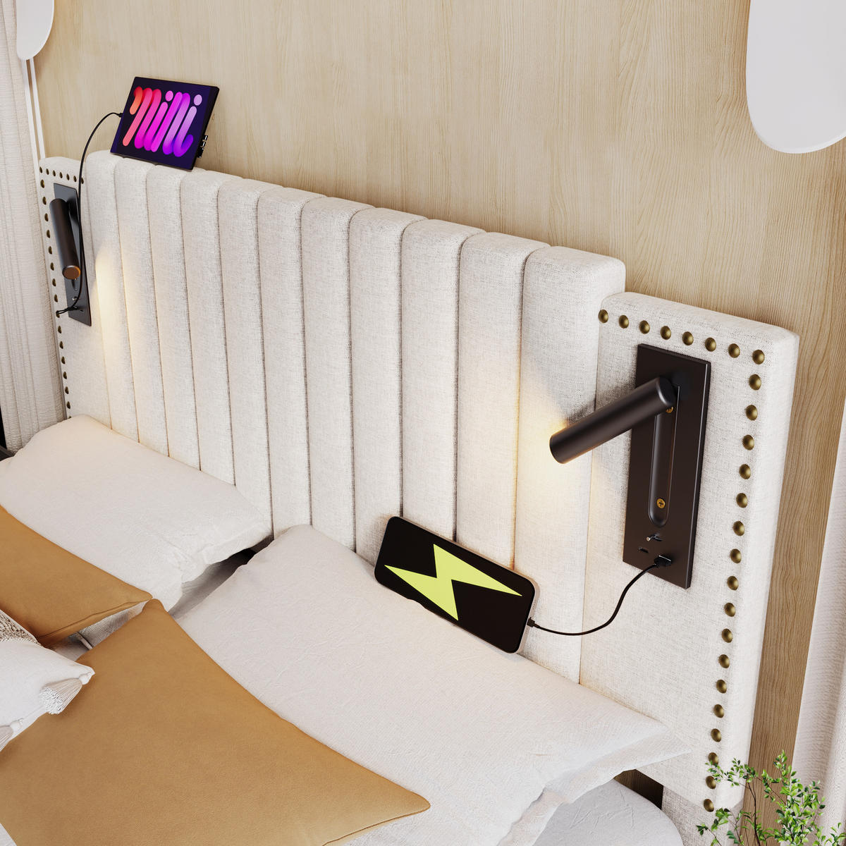 POLSTERBETT 160/200 cm Beige mit Stauraum und Leselicht - Beige, Textil (160/200cm) - OKWISH