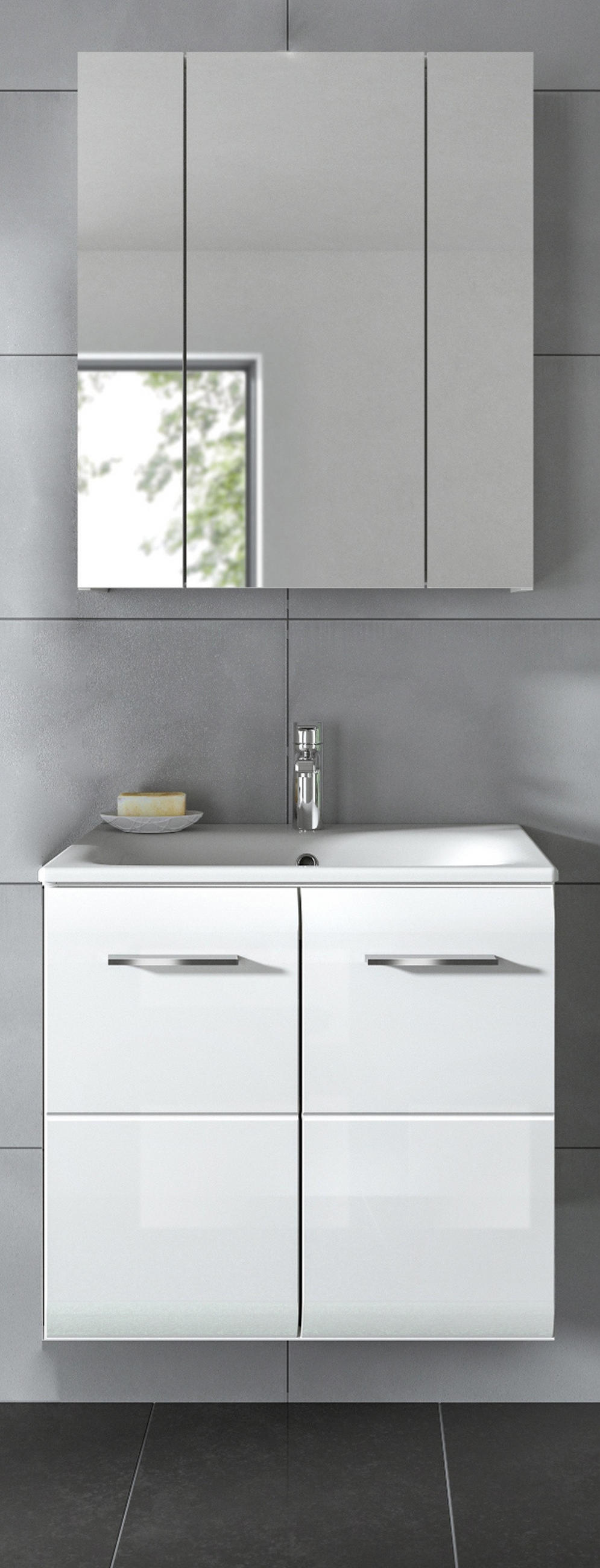 BADMÖBEL-SET 2-teilig weiß Hochglanz, Kombination inklusive Waschbecken 60 cm - Weiß Hochglanz/Silberfarben, Glas/Keramik (60/185/46cm) - Inn.Furn