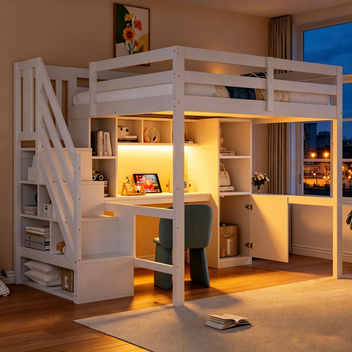 HOCHBETT 140x200cm Treppe Schreibtisch Stauraum LED Weiß - Weiß, Holz (140/200cm) - FLIEKS