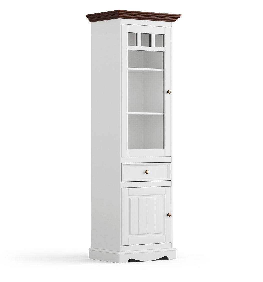VITRINE Belluno Elegante Kiefer weiß (RAL9010) lackiert / Kiefer gebeizt, Nussbaumfarben 59,5 / 44 / 190cm - Nussbaumfarben/Weiß, Holz/Metall (60/190/44cm) - Feldmann-Wohnen