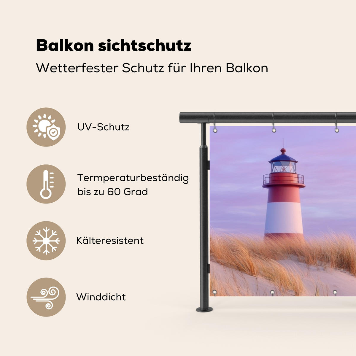 BALKON-SICHTSCHUTZ Leuchtturm - Dünen - Sonnenuntergang 300x95 cm - Hellrosa, Kunststoff (300/95cm) - MuchoWow