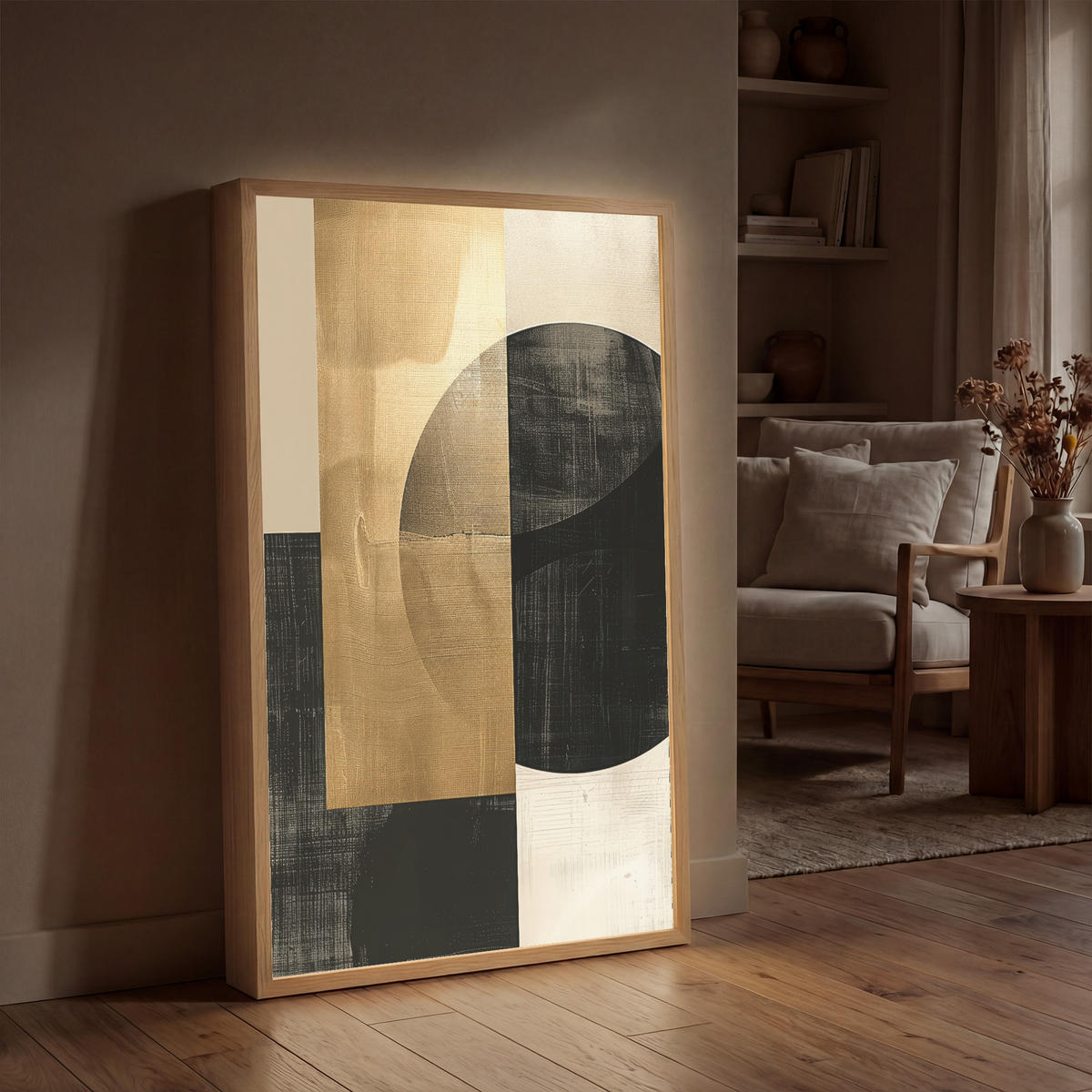 WANDLEUCHTE MIT AKKU Abstrakt - Modern - Schwarz - Gold 60x90 cm - Sandfarben, Holzwerkstoff (60/90/8cm) - OnlyWow