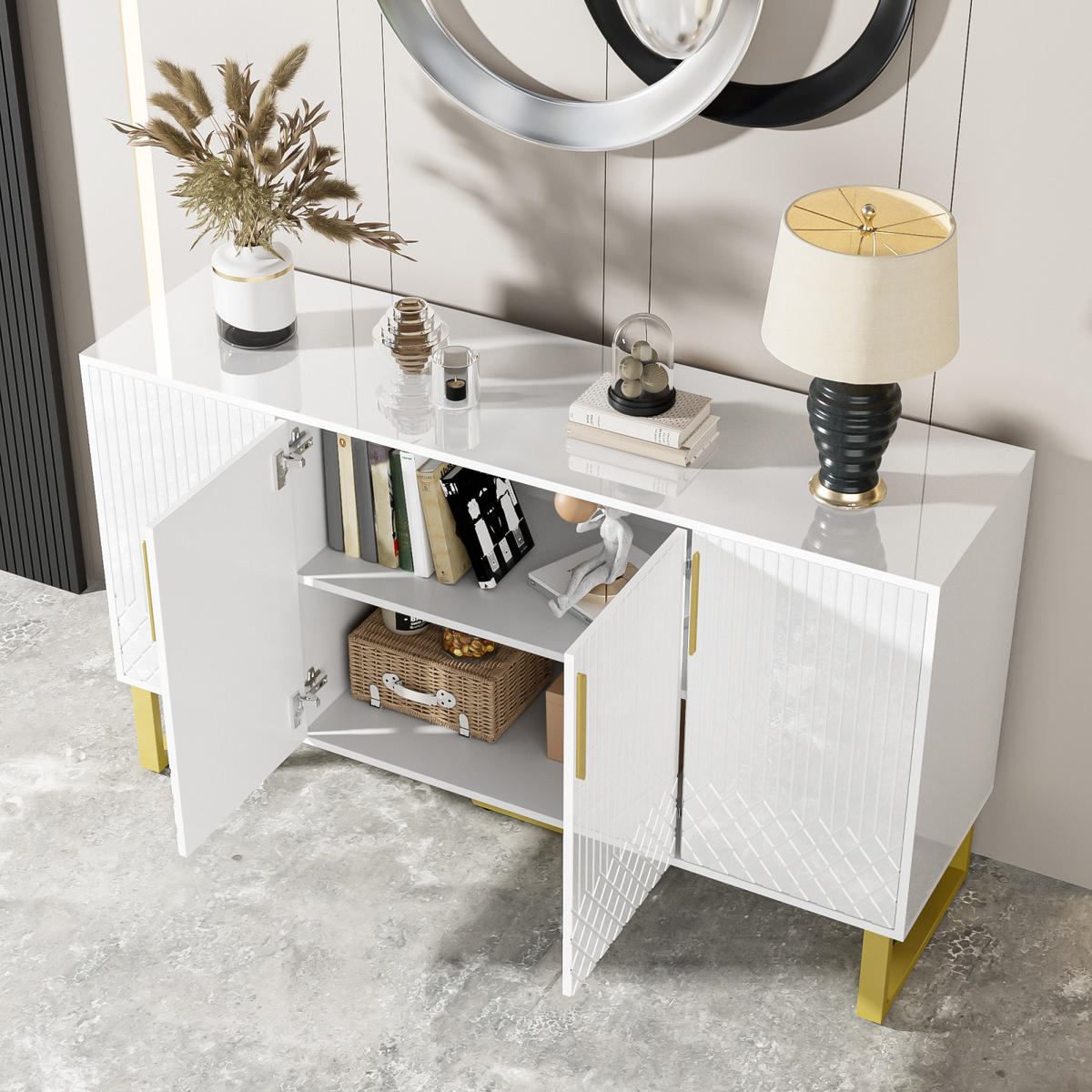 SIDEBOARD Hochglanz, 4 Türen, Metallgriffe, Metallfüße - Weiß, Holz (140/80/40cm)