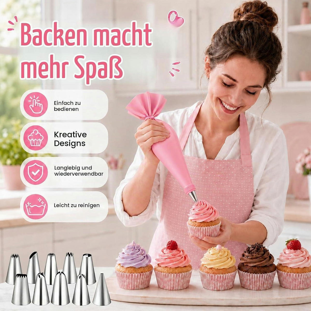 SPRITZBEUTEL Set 40-teilig Rosa/Weiß - Rosa, Kunststoff (20.5/3.2/30.8cm)