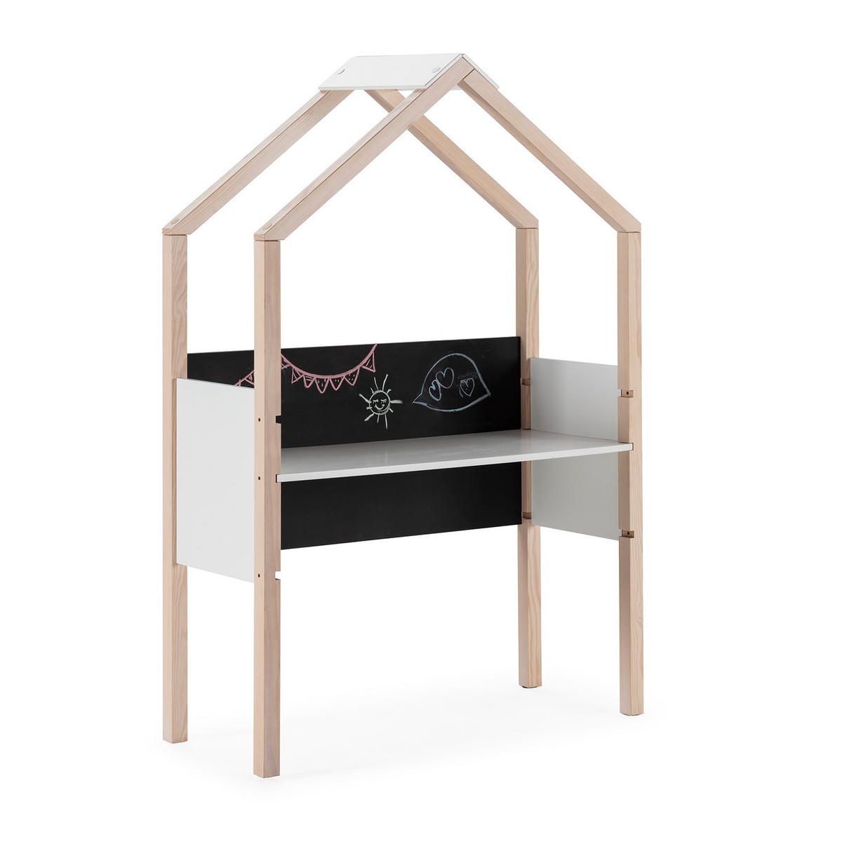 BÜRO mit Schiefertafel in Hausform, dekoriert in weißem Hochglanz und hellem Holz, L100 cm 40/100/155 cm - Weiß, Holz (40/155/100cm) - Calicosy