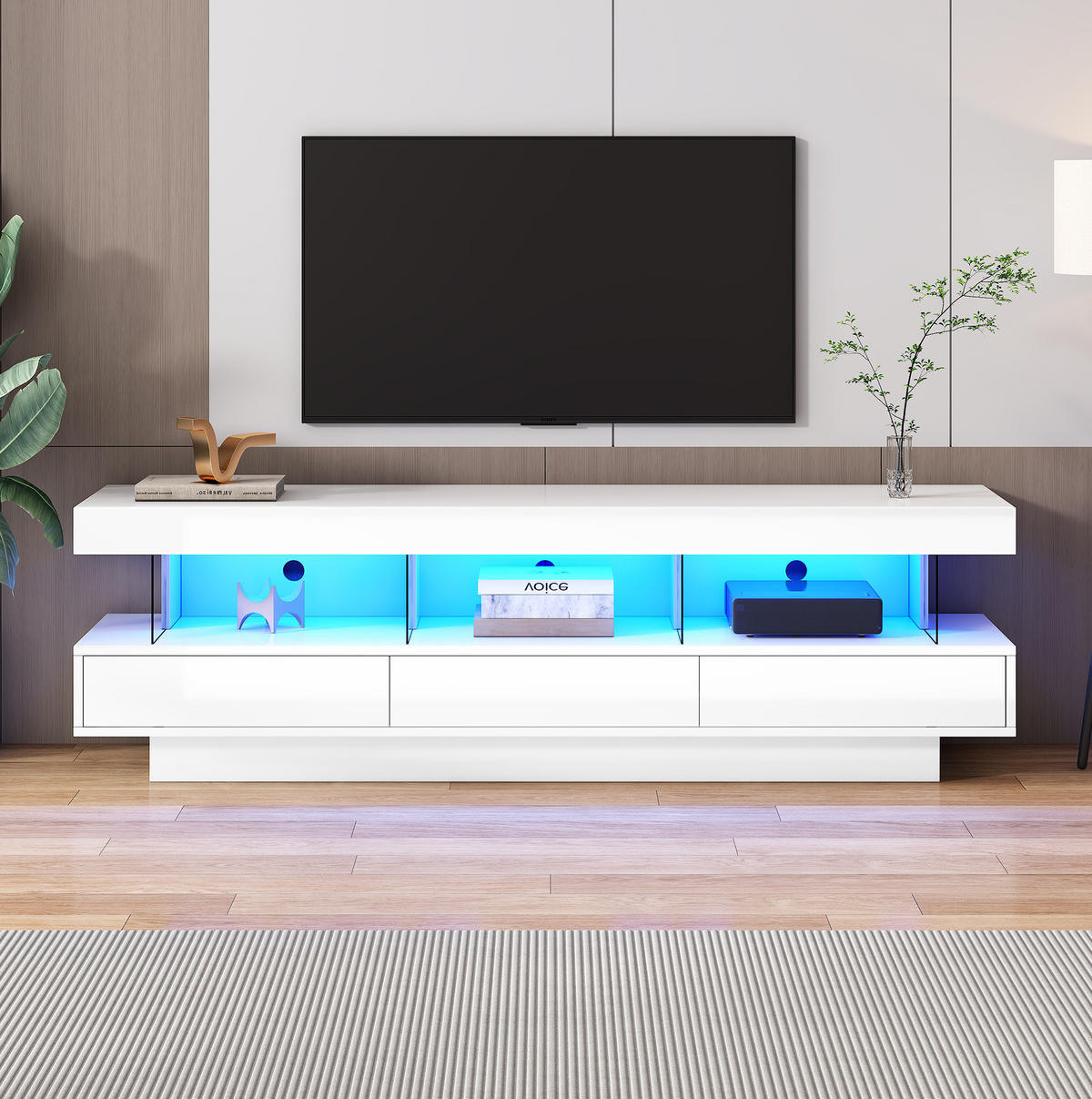 TV-LOWBOARD 160/38/50,5 cm mit Glaselementen, LED-Beleuchtung & Push-to-Open - Weiß, Holzwerkstoff (160/50.5/38cm) - BEAOK