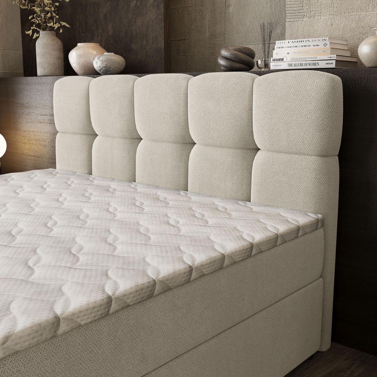 BOXBETT BRUME 160x200 cm mit Matratze und Topper, H2+H3 - Creme - Creme, Holz (160/200cm) - MASSENO