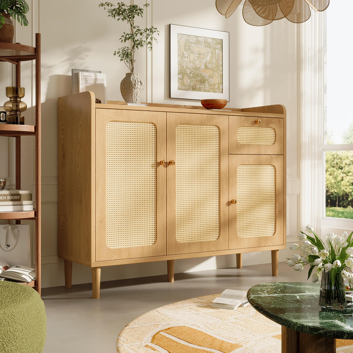 SIDEBOARD 120x40x91 cm Eiche mit Rattan und 3 Türen - Eichefarben, Holz (120/91/40cm) - FLIEKS