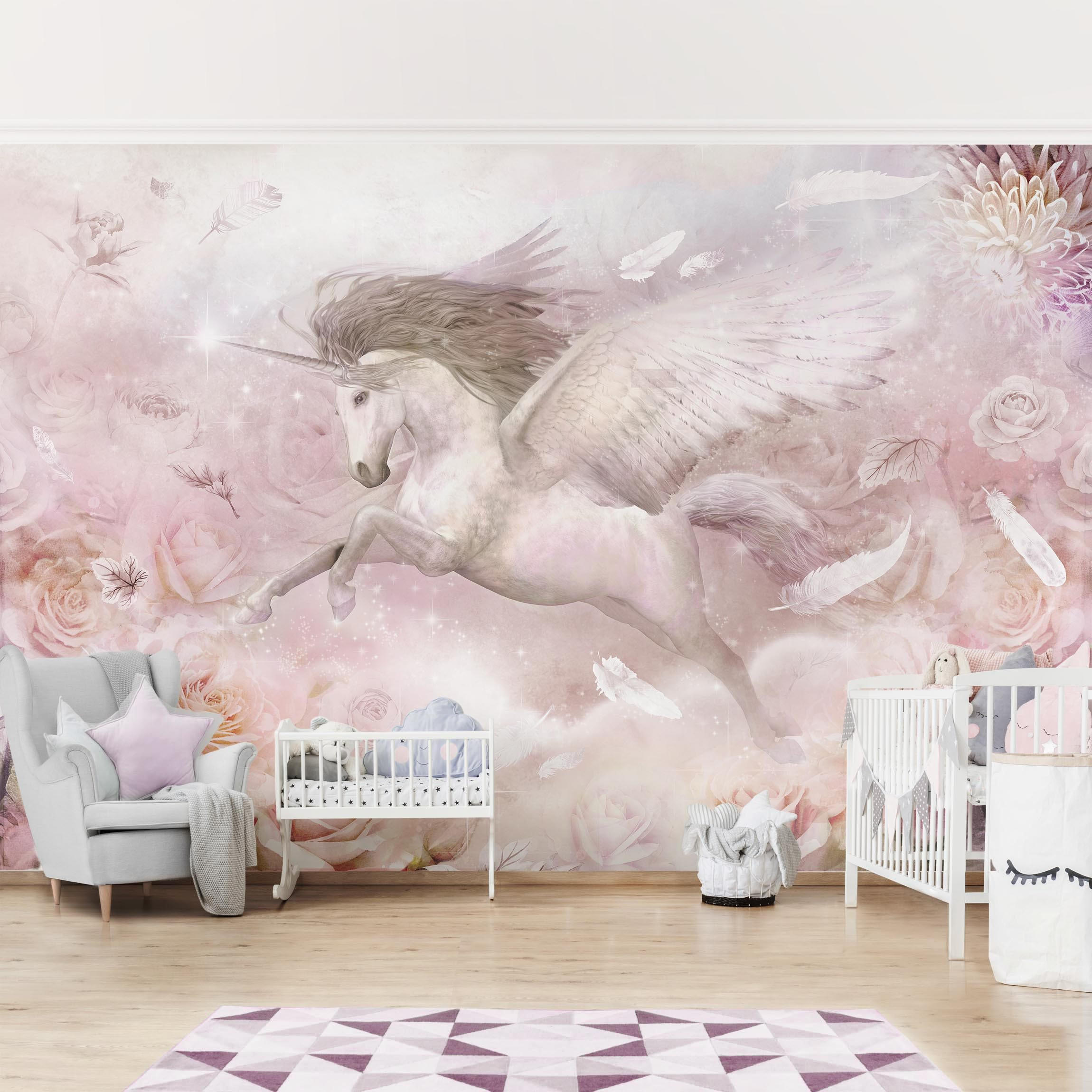FOTOTAPETE Pegasus Einhorn mit Rosen 384/255 cm - Rosa, Papier (384/255cm) - Bilderwelten