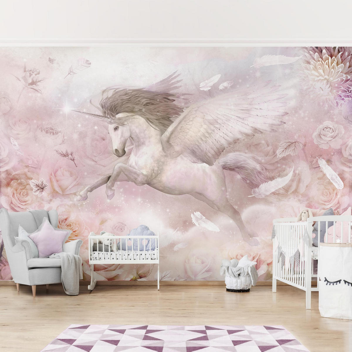 FOTOTAPETE Pegasus Einhorn mit Rosen 432/290 cm - Rosa, Papier (432/290cm) - Bilderwelten