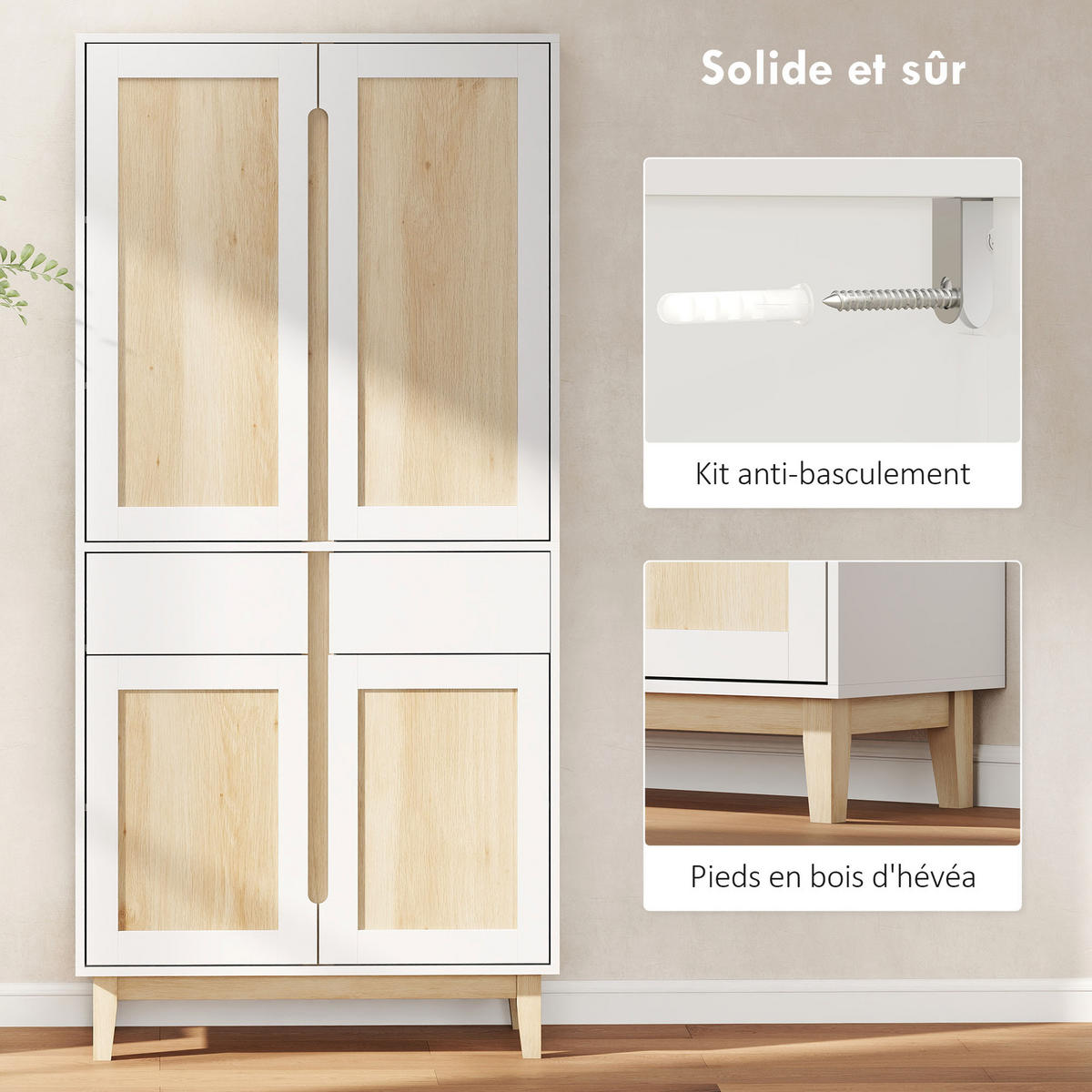 BUFFET DE-11225 4 Türen Weiß/Eiche - Weiß, Holzwerkstoff (35/170/80cm) - ComfortXL