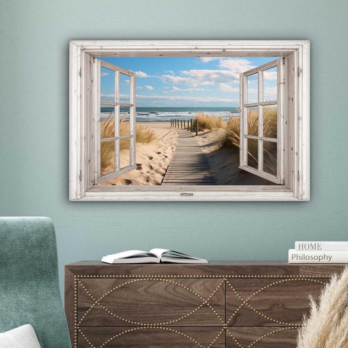 LEINWANDBILD Fenster - Meer - Küste - Natur - Ausblick - Strand - Wattenmeer Wanddeko 90x60 cm - Beige, Textil (90/60cm) - MuchoWow