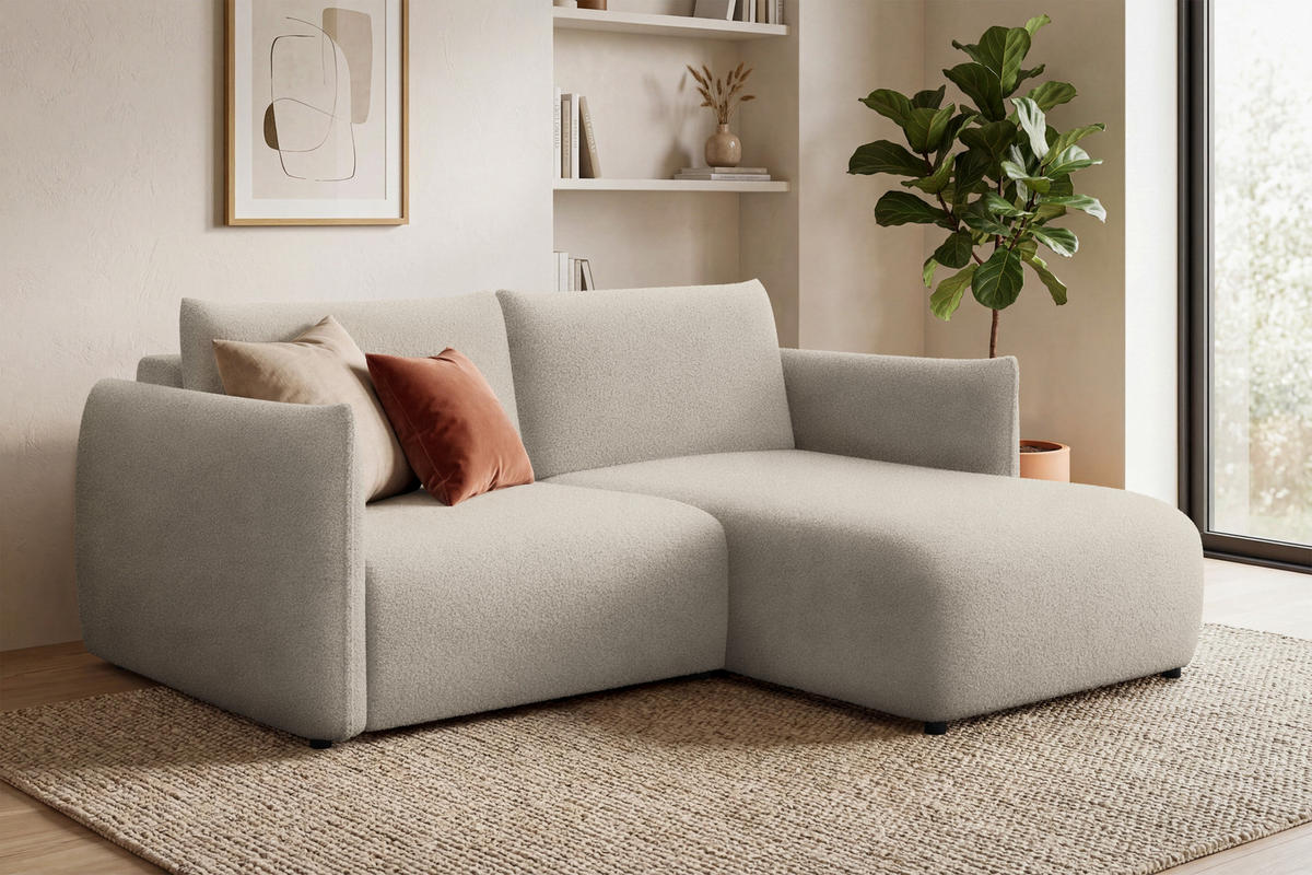 ECKSOFA TAUER 3-Sitzer RECHTS, Bouclé-Stoff beige - Beige/Schwarz, Holz/Textil (206/173cm) - Courtois Laville