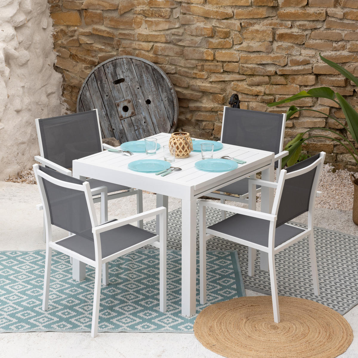 GARTENMÖBEL Venezia Grau und weiß 90/180 cm 8 Plätze - Weiß, Metall - Happy Garden