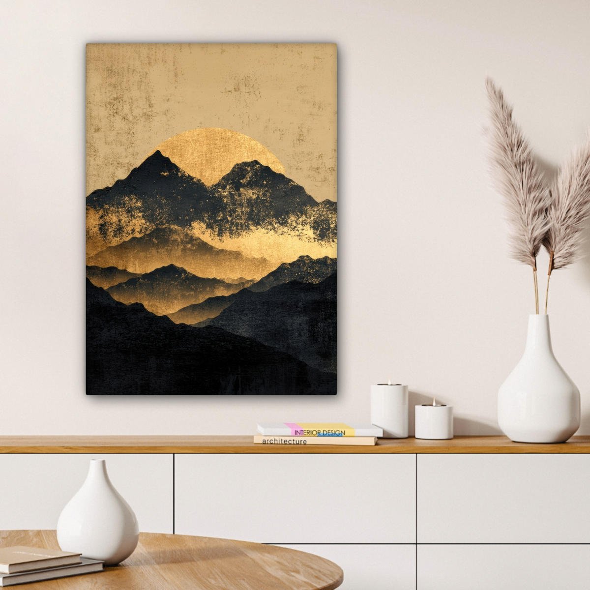 LEINWANDBILD Goldene Berge bei Mondschein Wandbild Wohnzimmer 60x80 cm - Goldfarben, Textil (60/80cm) - MuchoWow
