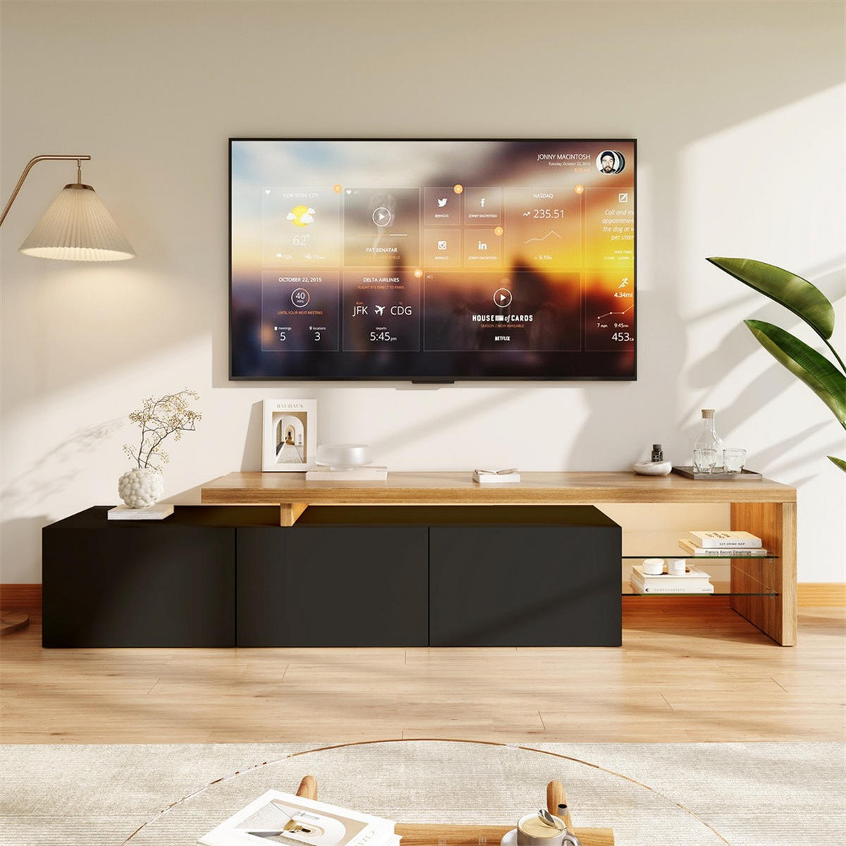 TV-LOWBOARD - TV-Schrank mit LED-Beleuchtung - offenem Glasregal und Stauraum - Schwarz+Natur - Schwarz, Holzwerkstoff (39/42/200cm) - DELFA