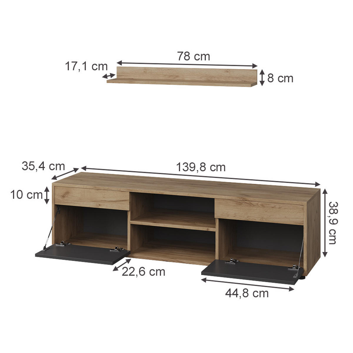 ŽIVÁ STĚNA Berno Zlatý dub power/antracit - medově dubová/antracitová, kompozitní dřevo (139.8/38.9/35.4cm) - Vicco