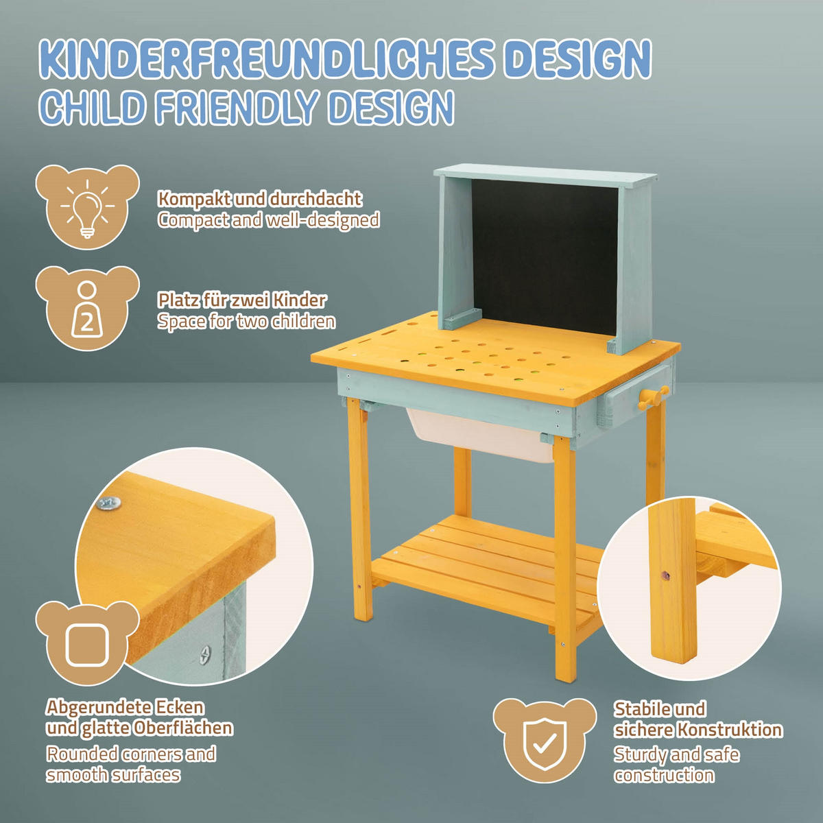 WERKBANK KINDER HOLZ ‎101x37x81 cm ‎Gelb-Türkis - Gelb, Holz/Kunststoff (101/81/37cm) - Joyz