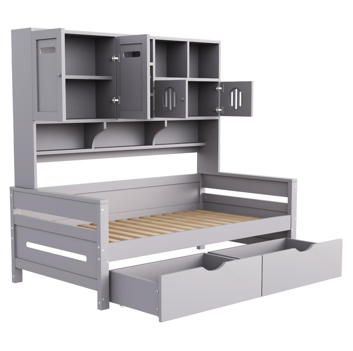 BETT 90/200 cm mit Stauraum und Schubladen Kiefernholz Grau - Grau, Holz (90/200cm) - OKWISH