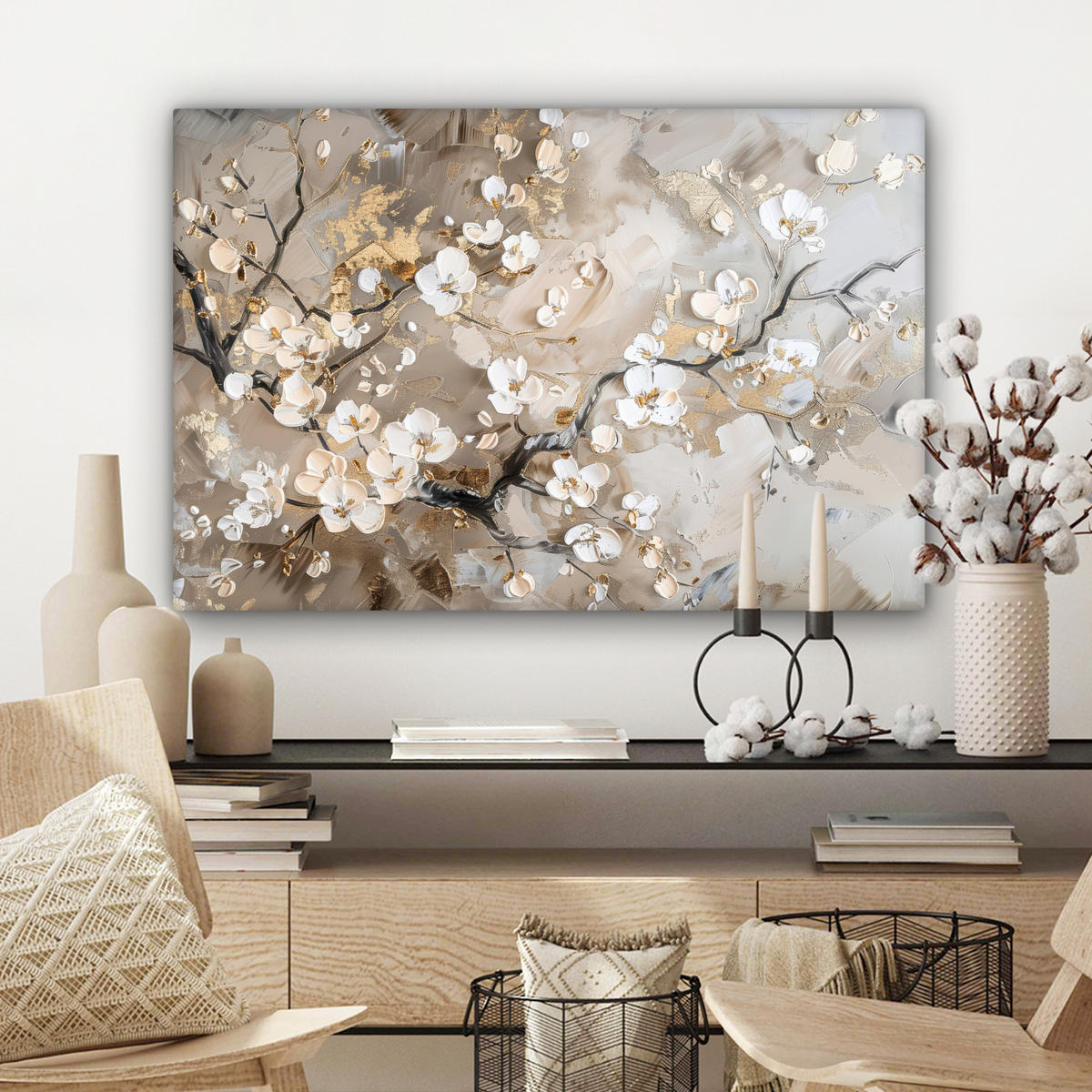 OBRAZ NA PLÁTNE Kvety - biela - zlatá - béžová - luxusná 60x40 cm - sivobéžová, textil (60/40cm) - MuchoWow