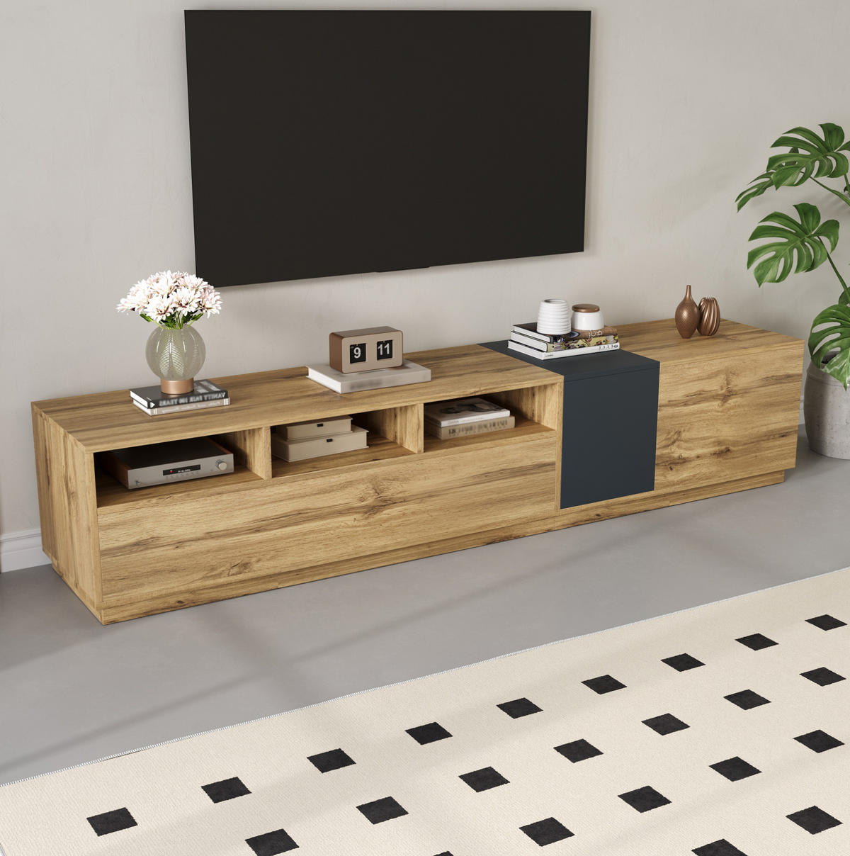 TV-SCHRANK mit offenen Fächern 200 cm Schwarz/Grau Holzoptik - Grau, Holzwerkstoff (45/45/200cm) - Beauniv