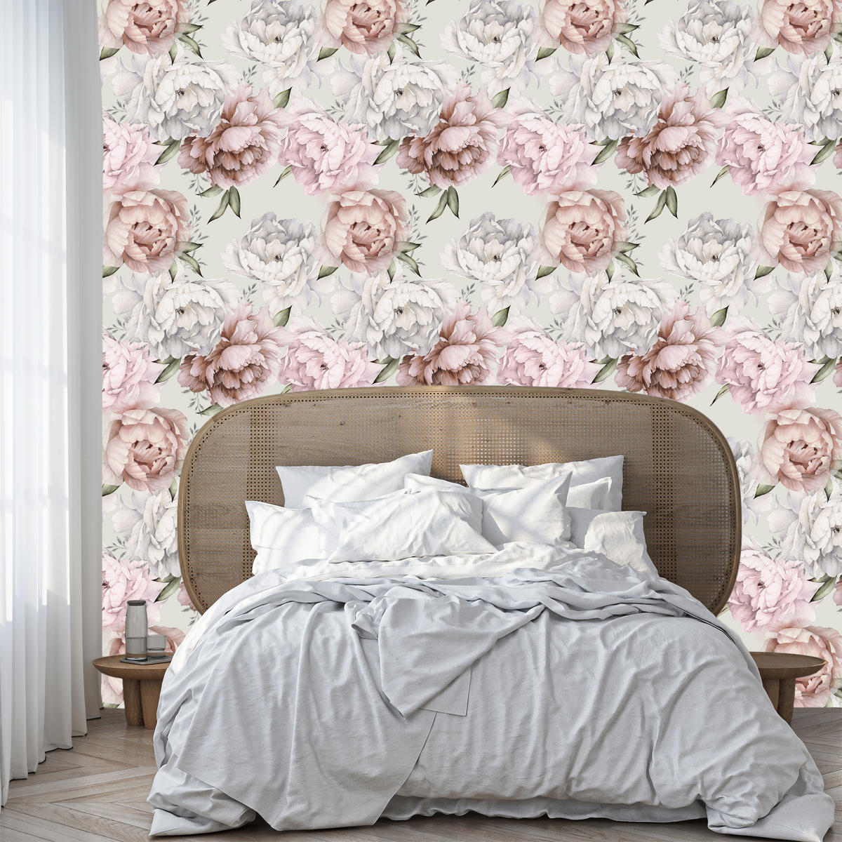 VLIESTAPETE Pfingstrosen im englischen Stil – Rosa, Grau, Weiß – 50x1000 cm - Rosa/Weiß, Papier (50/1000cm) - Muralo